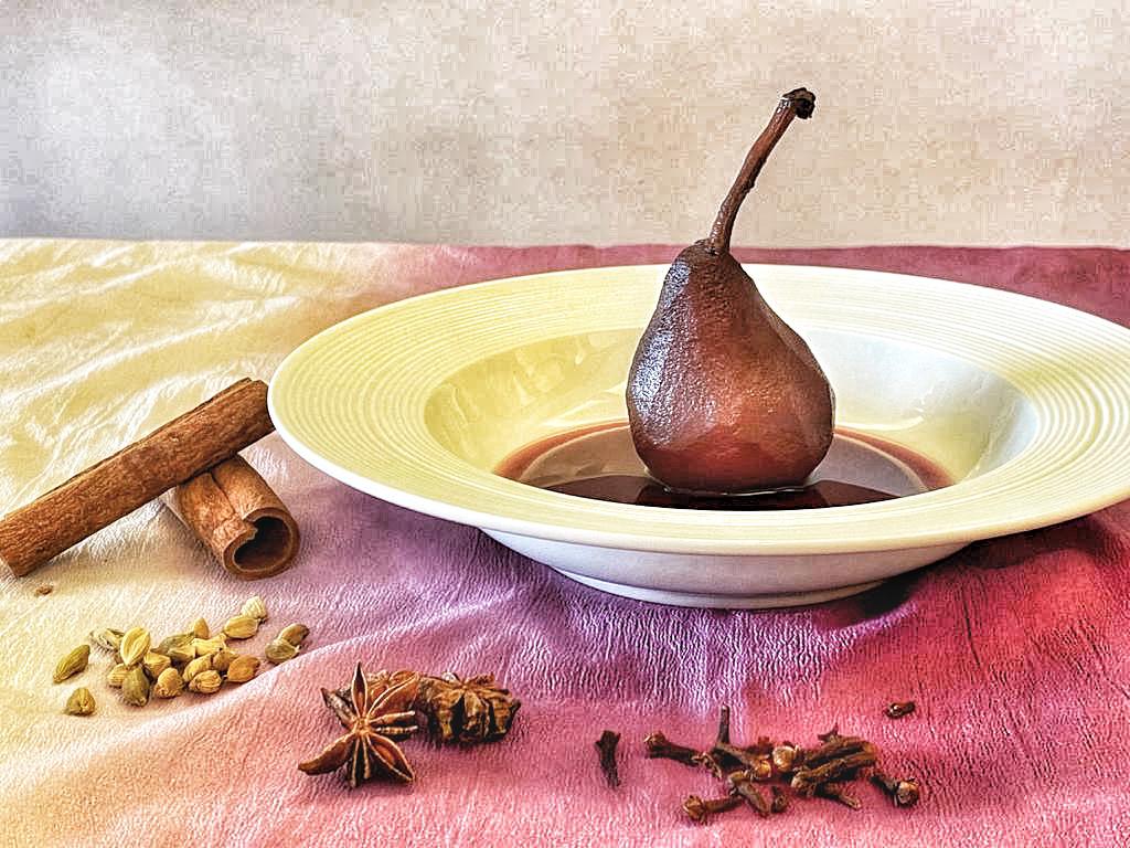 Poached Pear in red wine and spices